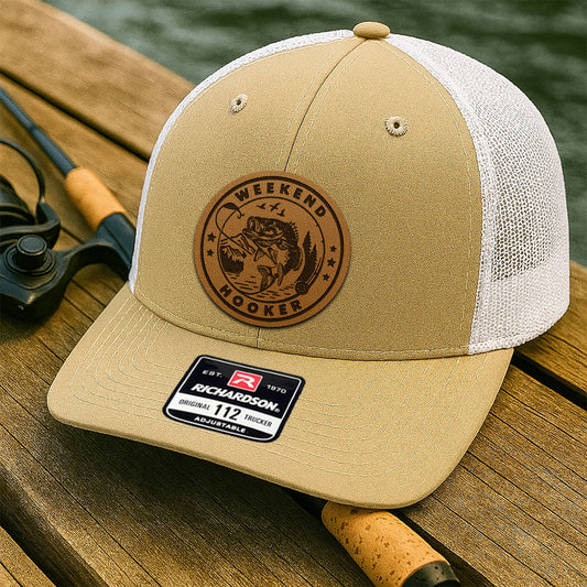 Personalized Fishing Hat for Men – Custom Trucker Cap with Leather Patch – Great Gift for Boyfriend or Fisherman THUC99MF02