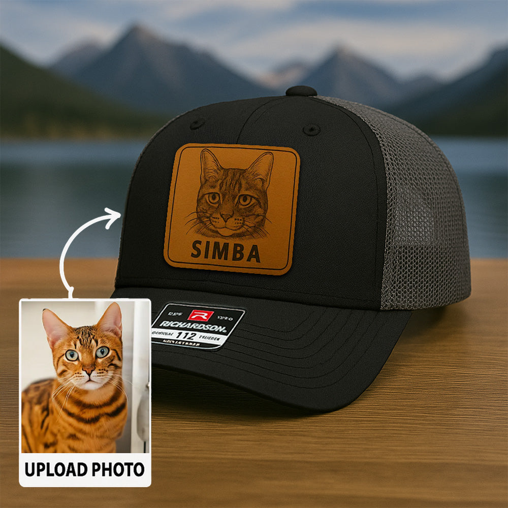Custom Cat Photo Trucker Hat | Personalized Cat Photo Leather Patch Hat | Gift For Cat Lover TNGANSP035