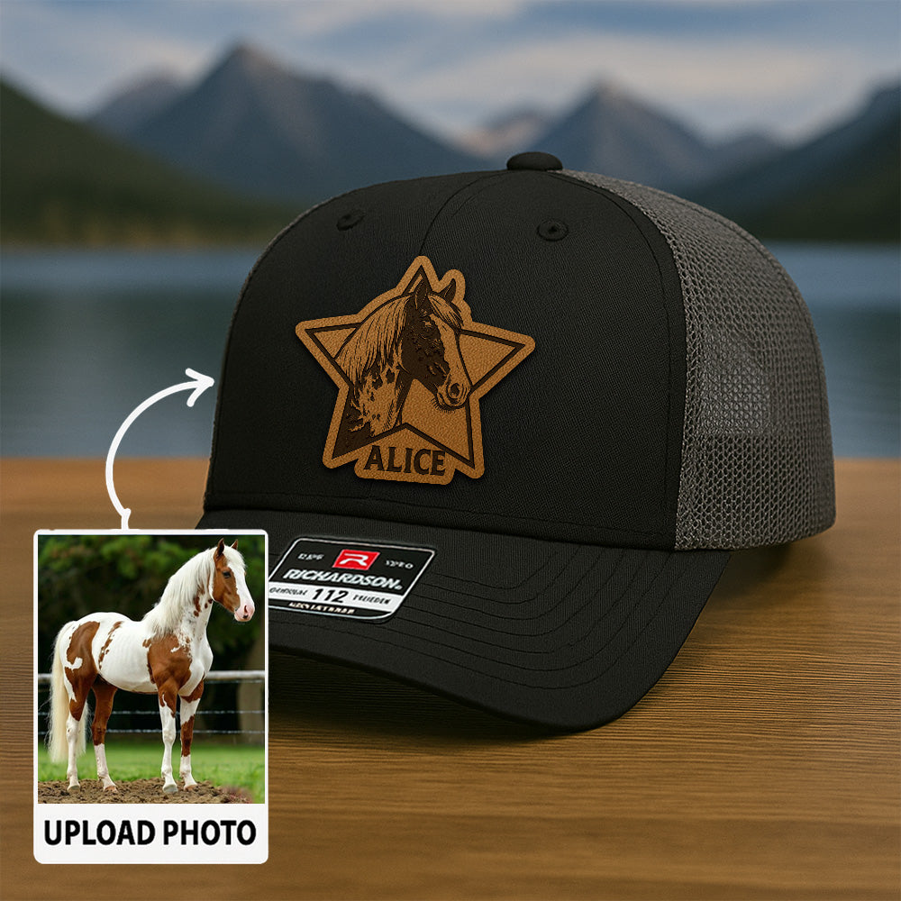 Personalized Horse Photo Leather Patch Hat | Custom Pet Photo Trucker Hat | Unique Gift For Horse Lovers THUC9909