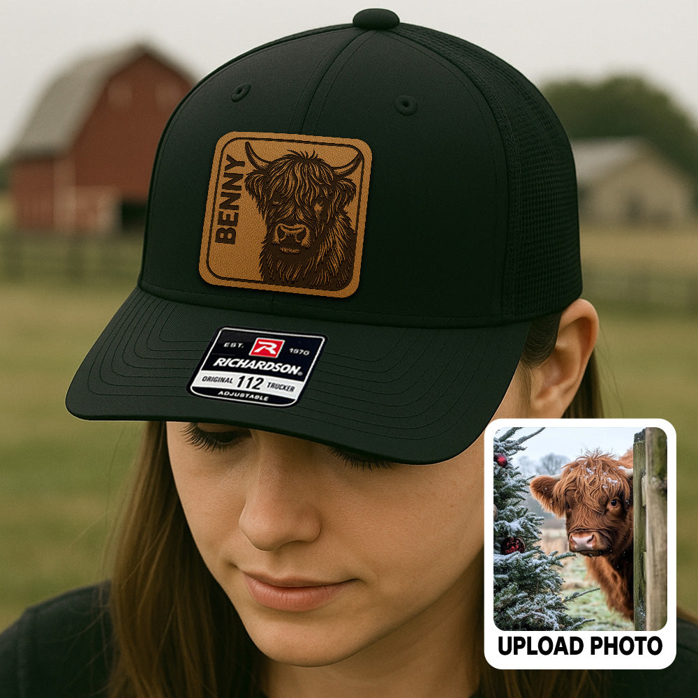 Personalized Cow Photo Leather Patch Hat | Custom Farm Photo Trucker Hat | Farm Leather Patch Hat THUC99