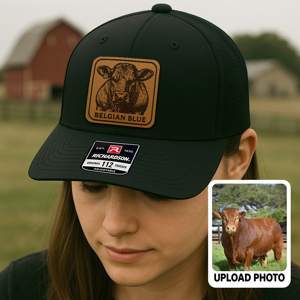Personalized Cow Photo Leather Patch Hat | Custom Farm Photo Trucker Hat | Farm Leather Patch Hat THUC99