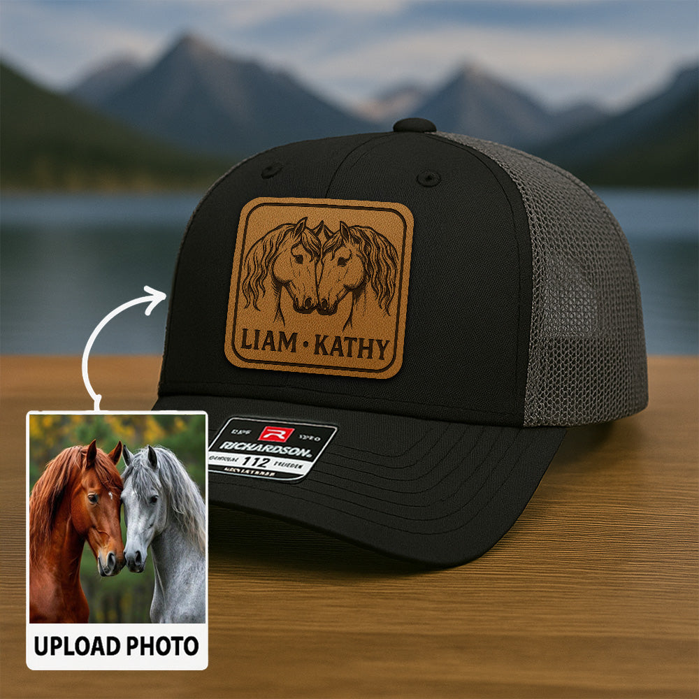 Personalized Horse Photo Leather Patch Hat | Custom Horse Photo Trucker Hat | Gift For Pet Owners THUC99P11