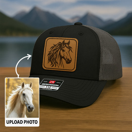 Personalized Horse Photo Leather Patch Hat | Custom Pet Photo Trucker Hat | Unique Gift For Horse Lovers THUC9905