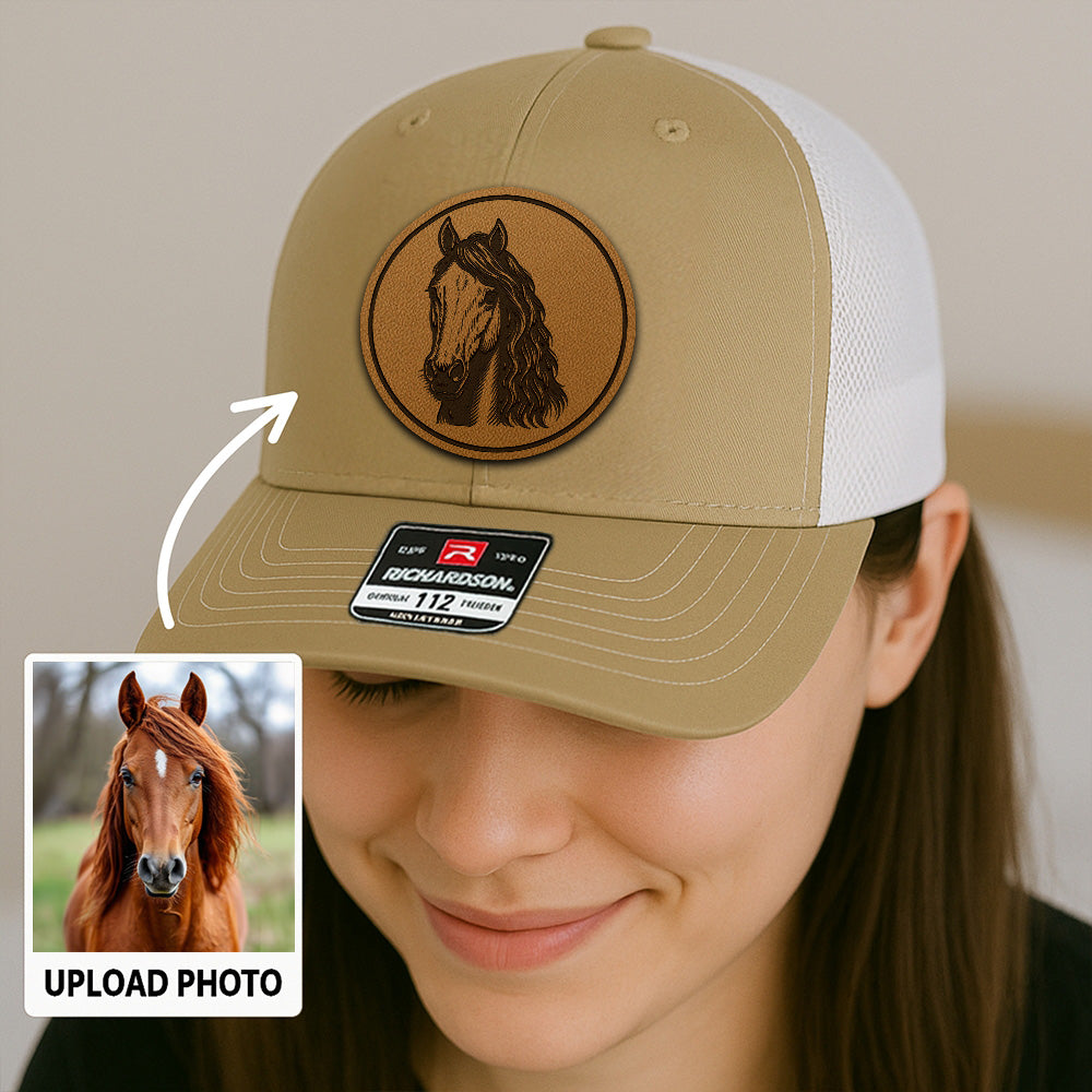 Personalized Horse Photo Leather Patch Hat | Custom Pet Photo Trucker Hat | Horse Lovers Gift THUC99