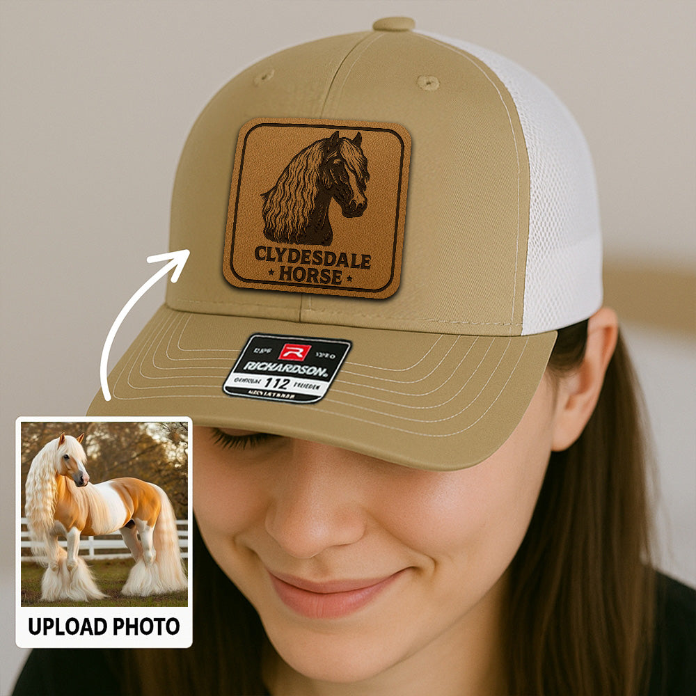 Personalized Horse Photo Leather Patch Hat | Custom Pet Photo Trucker Hat | Horse Head Leather Farm Patch Hat THUC99P12