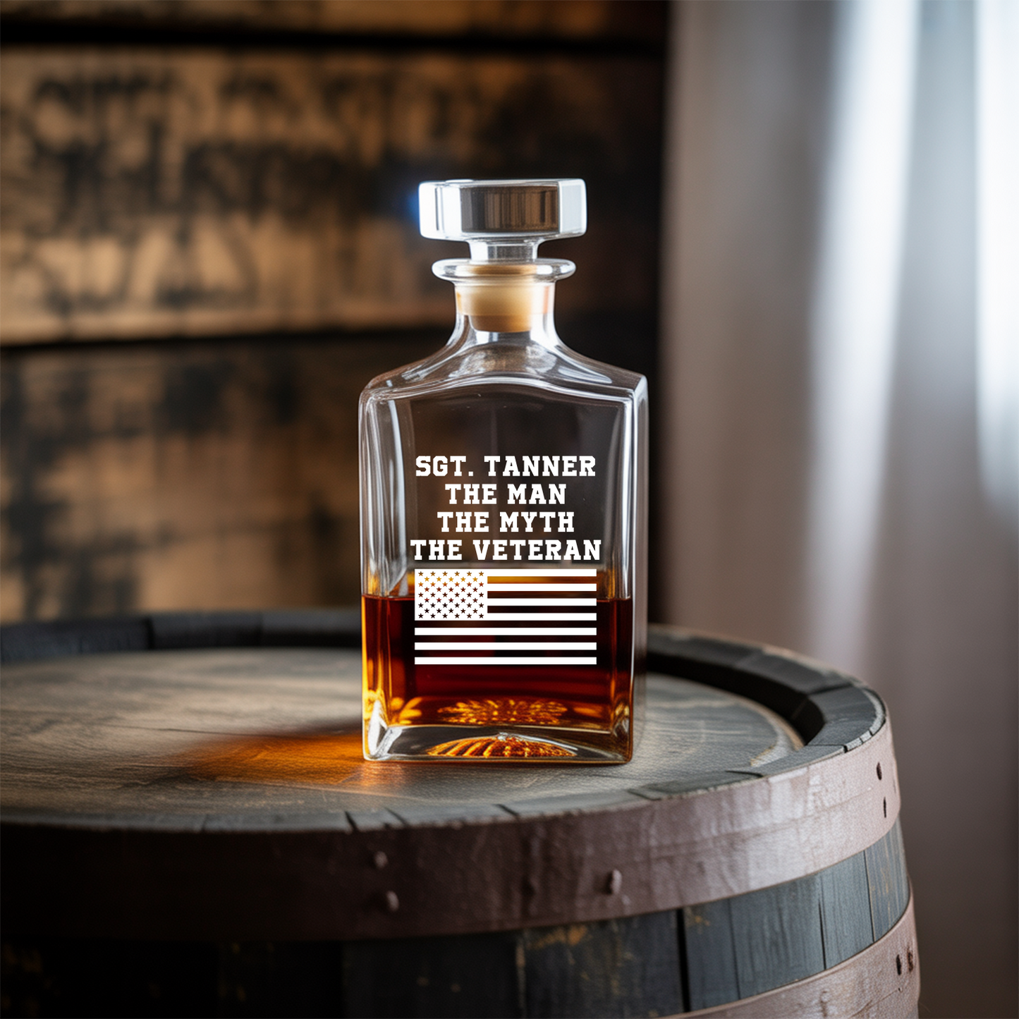 Personalized US Veteran Whiskey Decanter Gift Set | American Flag Whiskey Glass | Patriotic Gift for Veterans