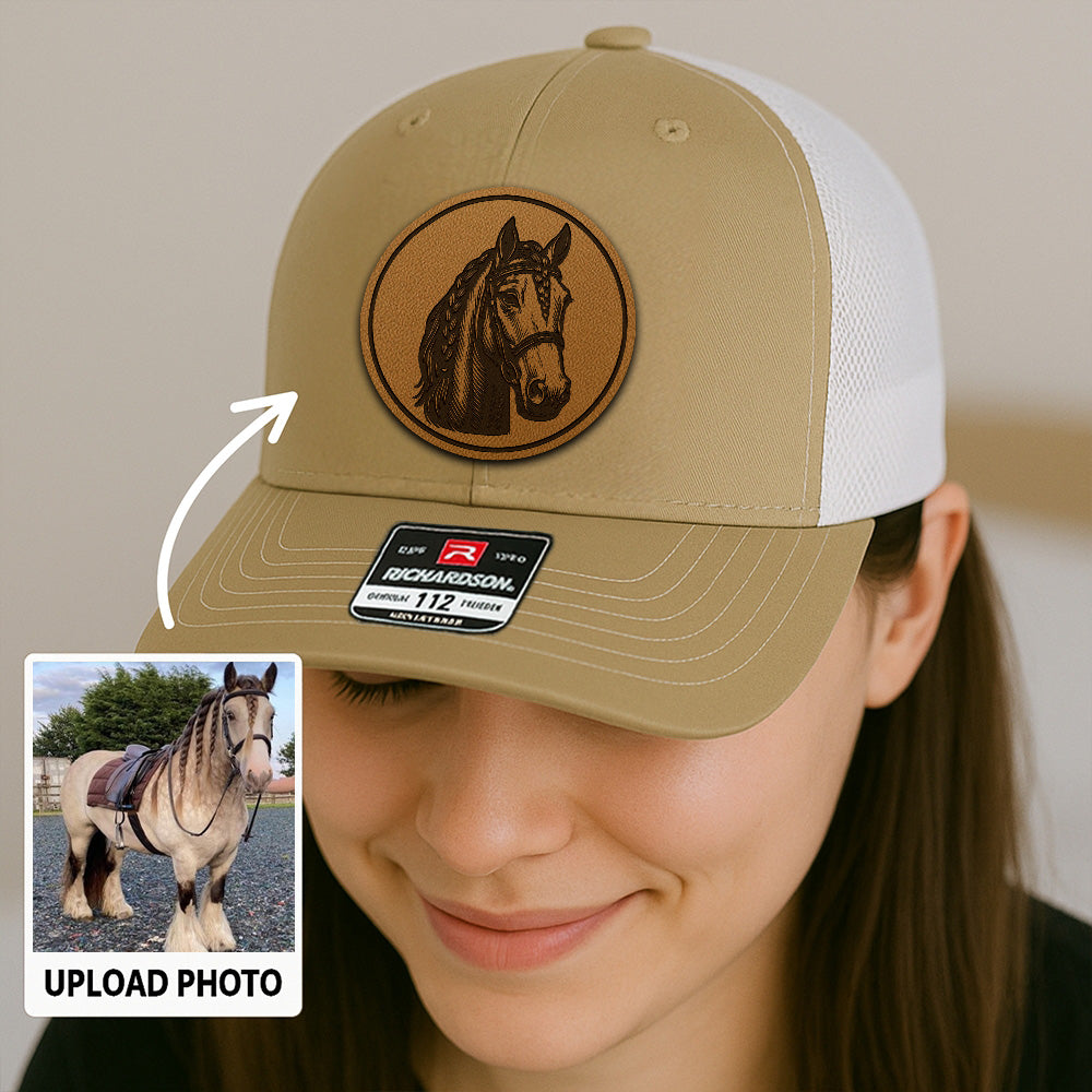 Personalized Horse Photo Leather Patch Hat | Custom Pet Photo Trucker Hat | Horse Leather Patch Hat THUC99