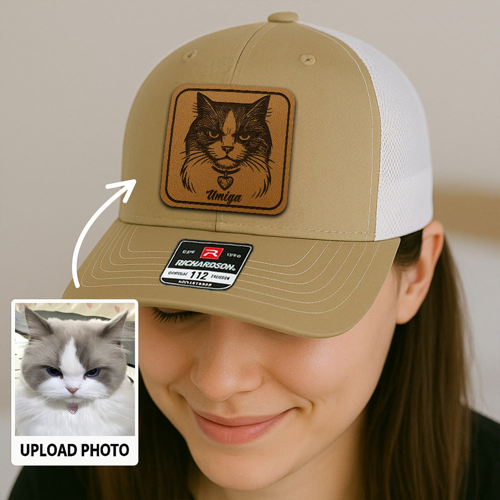 Custom Cat Photo Trucker Hat | Personalized Cat Patch Leather Patch Hat | Gift For Cat Lovers TNGANSP026