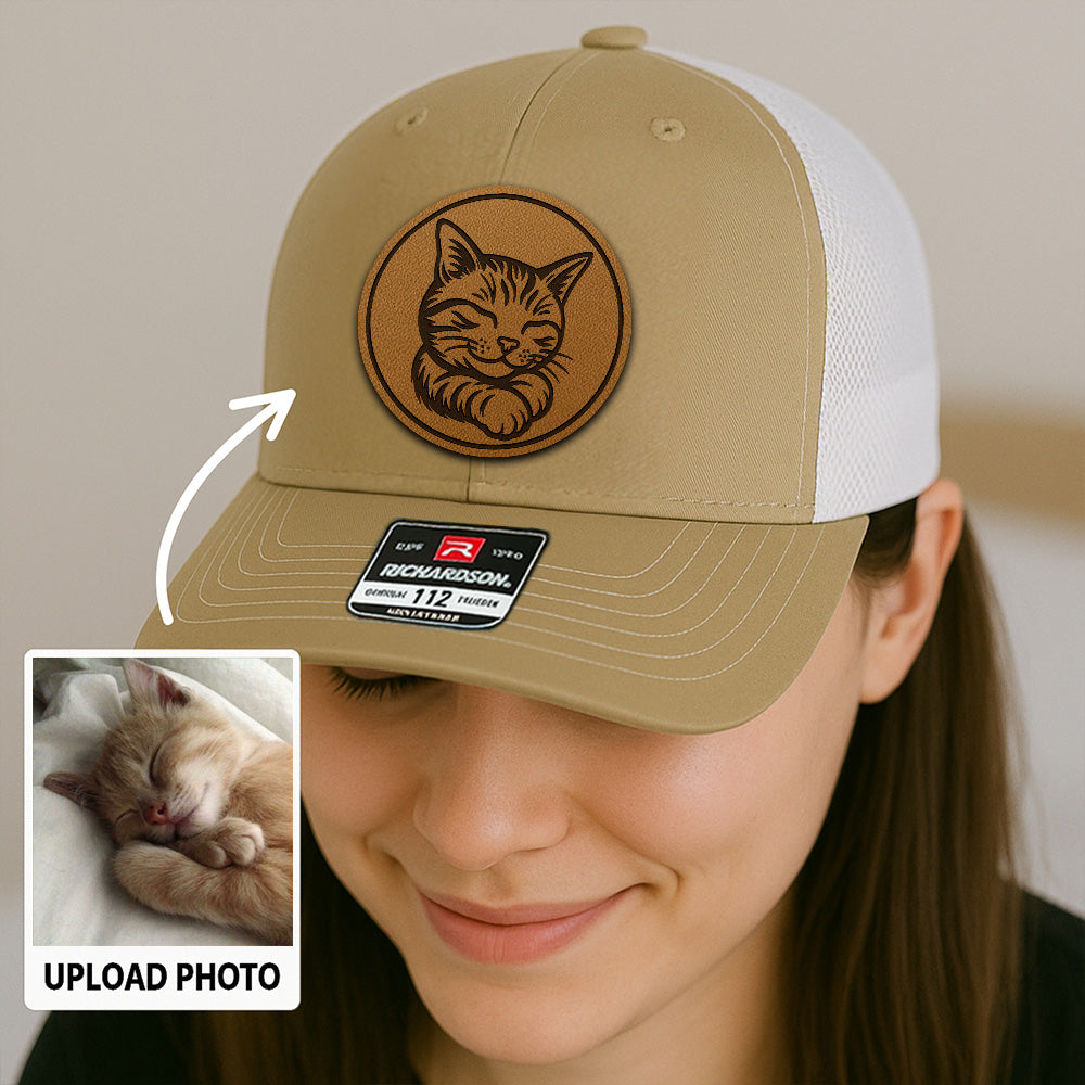 Custom Cat Photo Trucker Hat | Personalized Cat Photo Leather Patch Hat | Gift For Cat Lover TNGANSP033