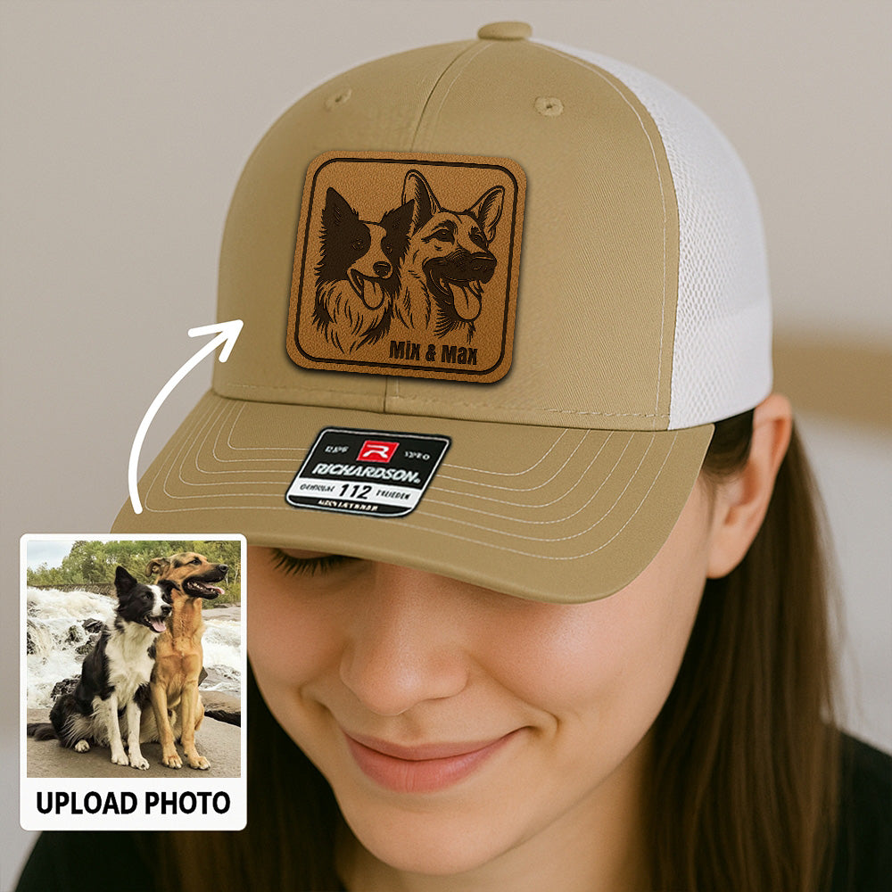 Custom Pet Photo Leather Patch Hat | Gift For Pet Lovers | Personalized Pet Photo Trucker Hat TNGANSP012
