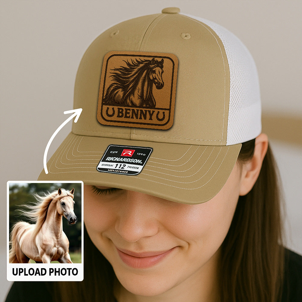 Personalized Horse Photo Leather Patch Hat | Custom Pet Photo Trucker Hat| Pet Face Hat Farm Lovers Gift THUC99P16