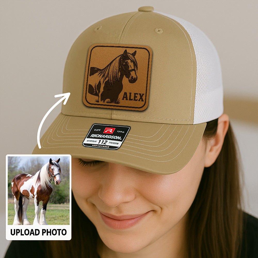 Personalized Horse Photo Leather Patch Hat | Custom Pet Photo Trucker Hat | Horse Portrait Trucker Hat Farm Lovers THUC99P02
