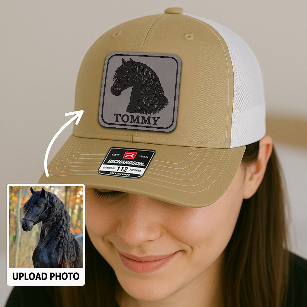 Custom Pet Photo Trucker Hat | Personalized Horse Photo Leather Patch Hat | Horse Portrait Gift THUC99P15