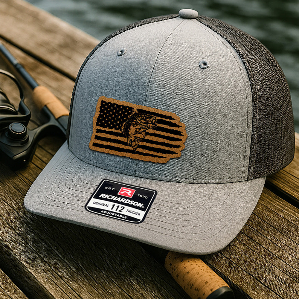 Personalized Fishing Patriotic Trucker Hat – USA Flag and Fish Leather Patch Cap for Him THUC99MF03