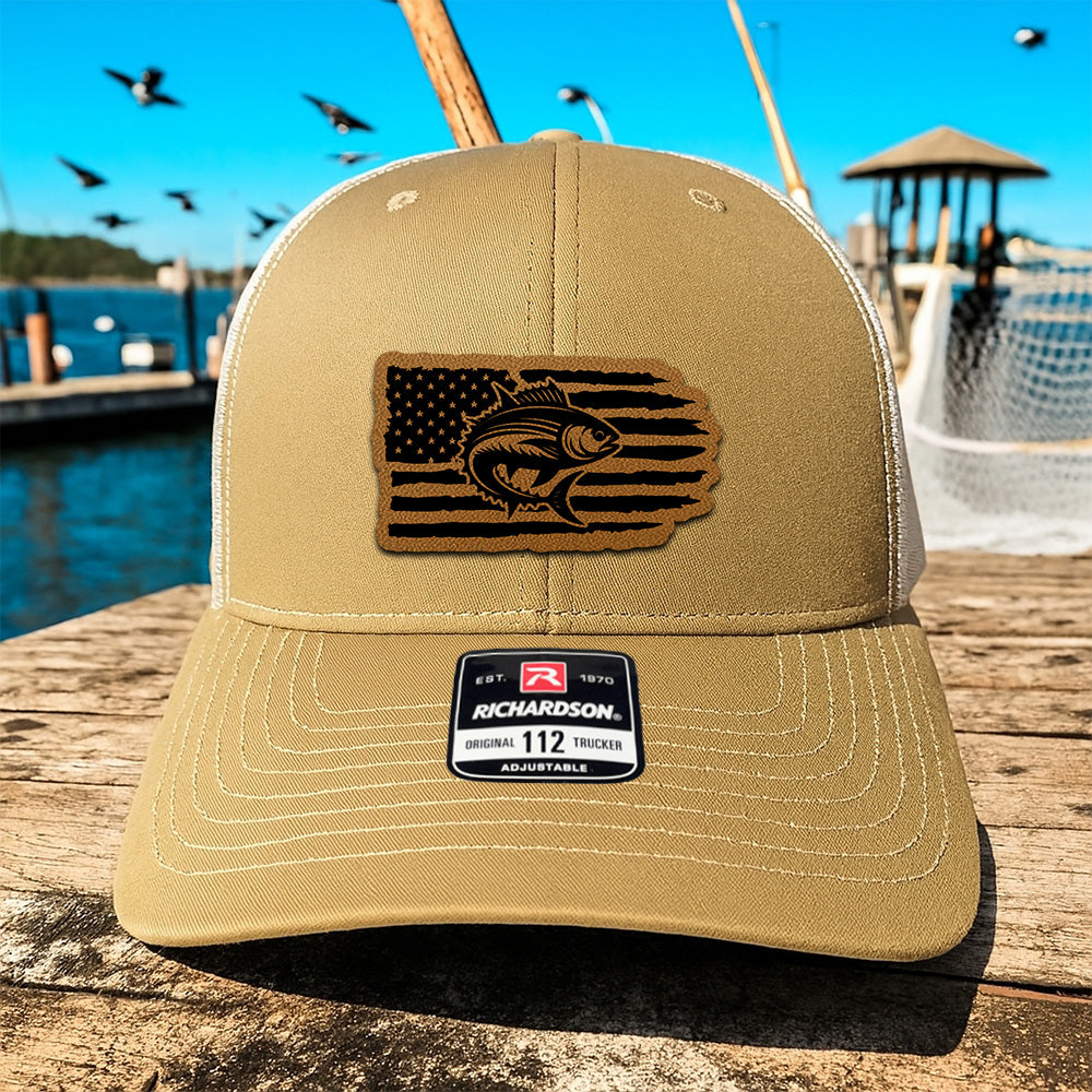 Personalized Fishing American Flag Hat – Custom Trucker with Design Leather Patch THUC99MF03