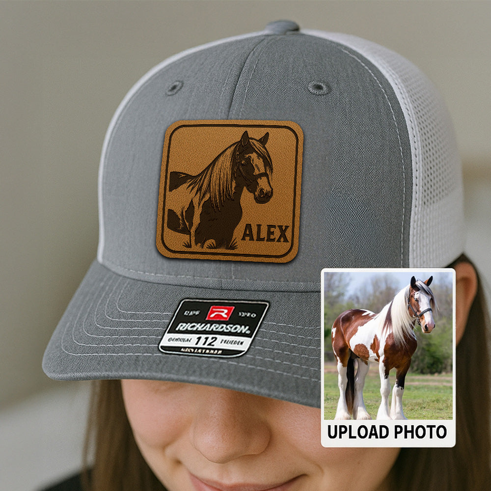 Personalized Horse Photo Leather Patch Hat | Custom Pet Photo Trucker Hat | Horse Portrait Trucker Hat Farm Lovers THUC99P02