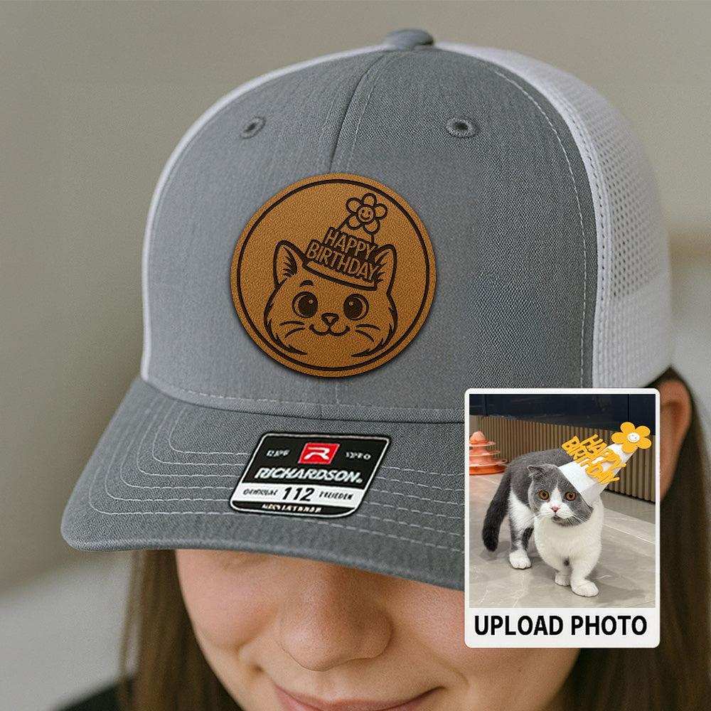 Custom Cat Photo Trucker Hat | Personalized Pet Patch Leather Patch Hat | Cat Memorial Gift TNGANSP025