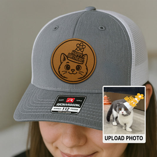 Custom Cat Photo Trucker Hat | Personalized Pet Patch Leather Patch Hat | Cat Memorial Gift TNGANSP025