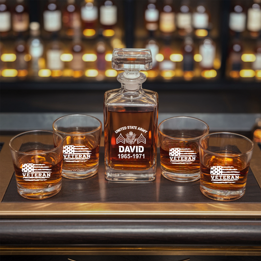 Custom U.S Veteran Whiskey Decanter Set, Personalized Engraved Whiskey Glass, Military Veteran Gift, Gift For Independence Day TND091