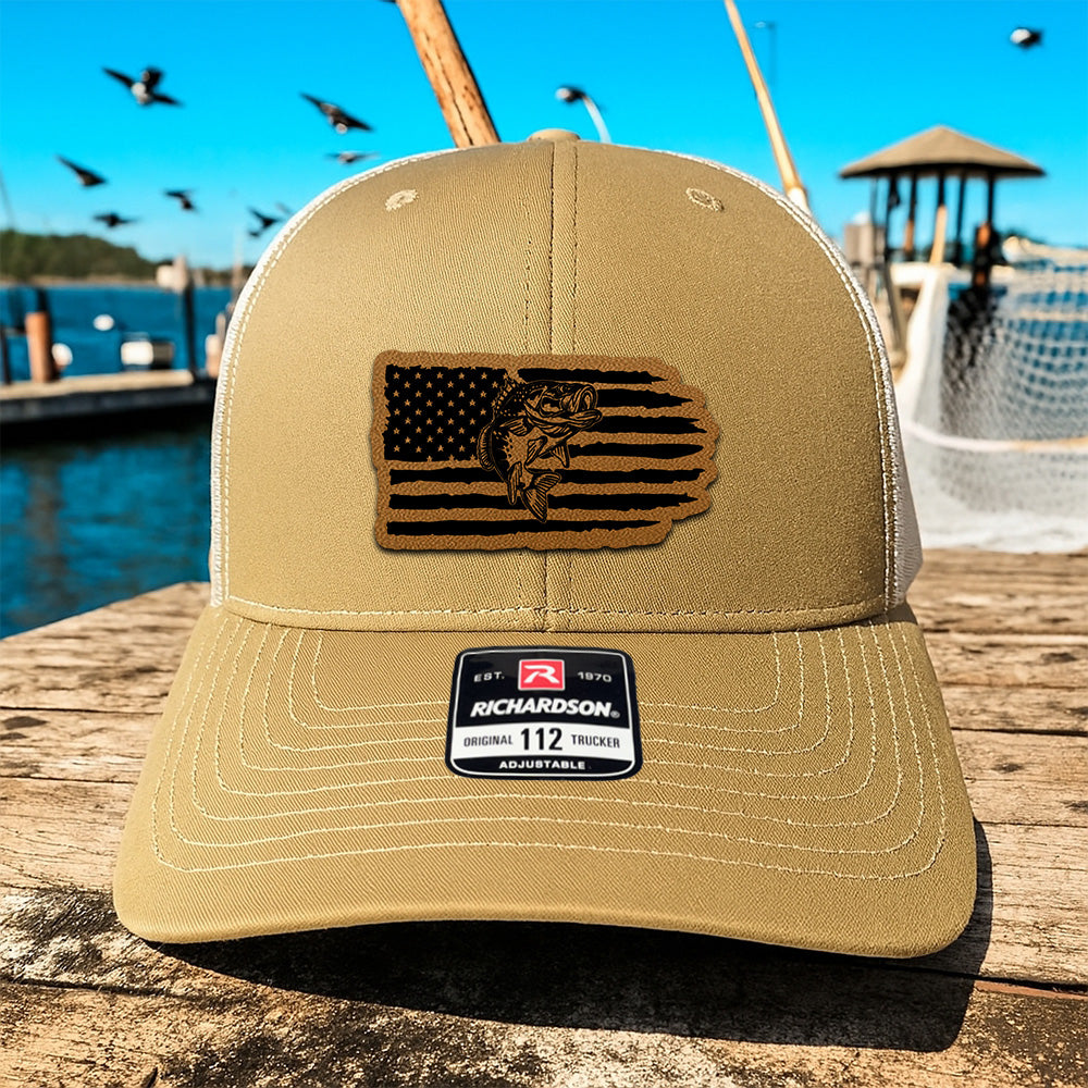 Personalized Fishing Patriotic Trucker Hat – USA Flag and Fish Leather Patch Cap for Him THUC99MF03