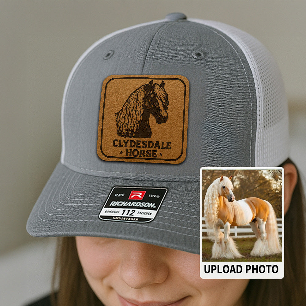 Personalized Horse Photo Leather Patch Hat | Custom Pet Photo Trucker Hat | Horse Head Leather Farm Patch Hat THUC99P12