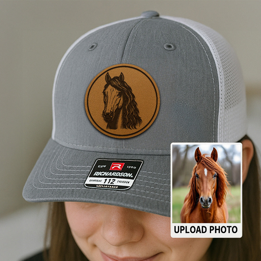 Personalized Horse Photo Leather Patch Hat | Custom Pet Photo Trucker Hat | Horse Lovers Gift THUC99