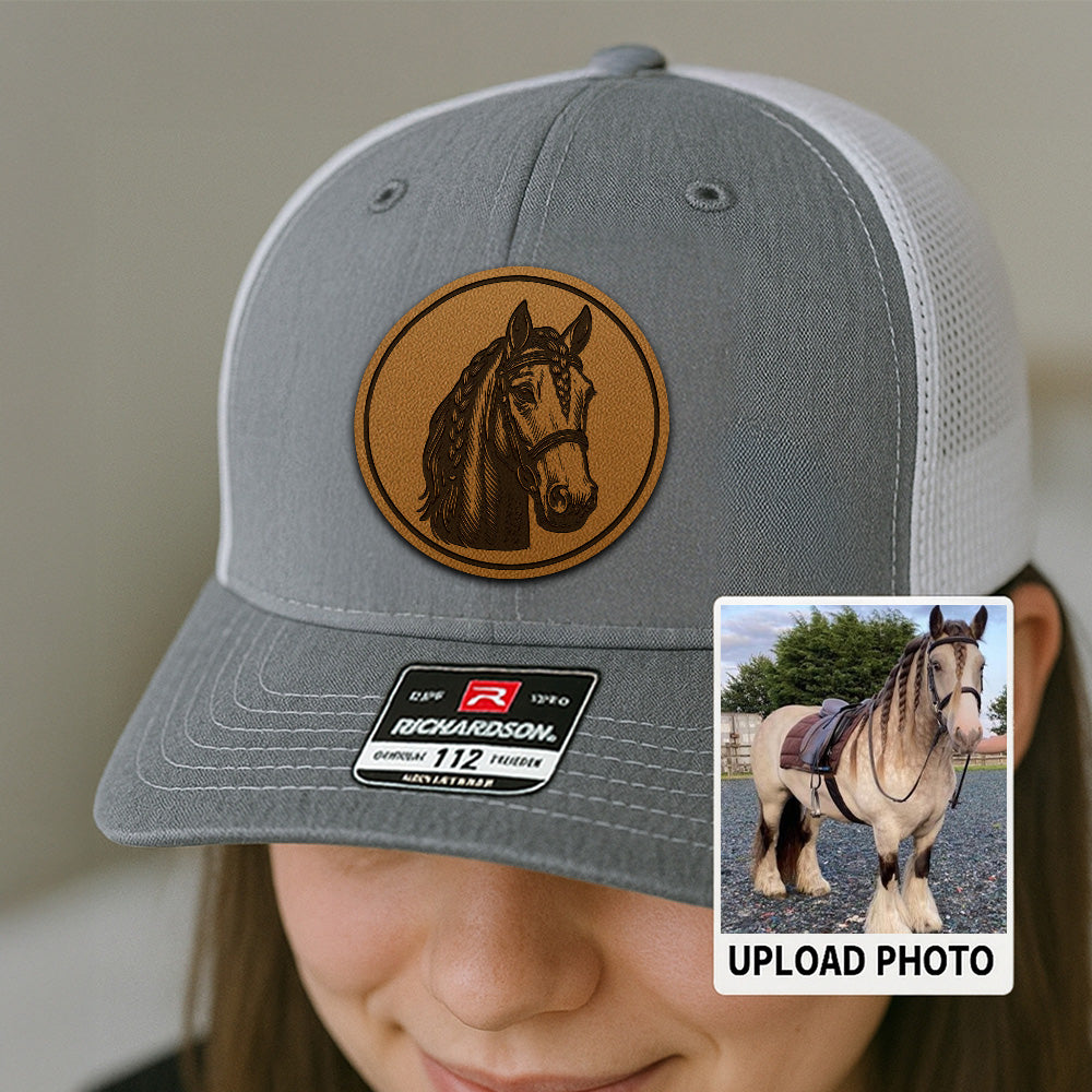 Personalized Horse Photo Leather Patch Hat | Custom Pet Photo Trucker Hat | Horse Leather Patch Hat THUC99