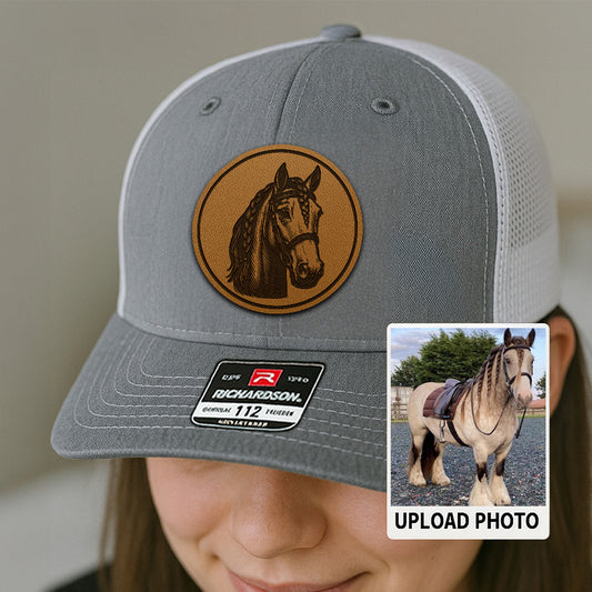 Personalized Horse Photo Leather Patch Hat | Custom Pet Photo Trucker Hat | Horse Leather Patch Hat THUC99