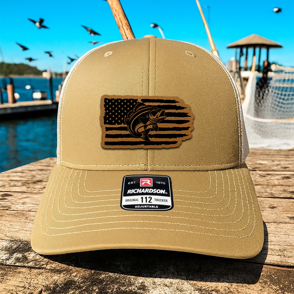 Personalized Fishing Hat with American Flag – Custom Design Leather Patch Cap THUC99MF03