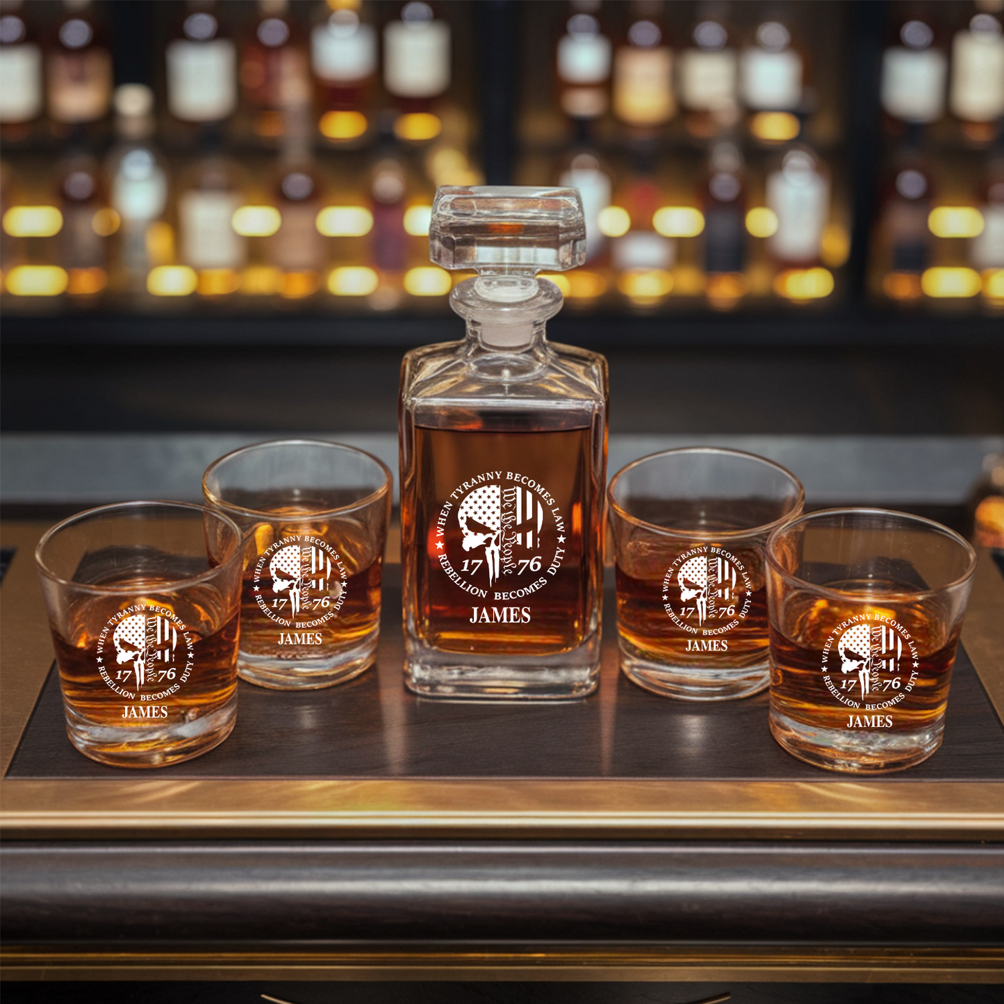 Personalized When Tyranny Becomes Law Rebellion Become Duty Decanter and Glasses Set, Patriotic Gift for Veterans, Gift For Independence Day TND095