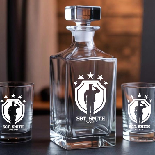 Personalized Army Retirement Whiskey Decanter Set, Custom Engraved Whiskey Glass, Military Veteran Gift, Gift For Independence Day TND090
