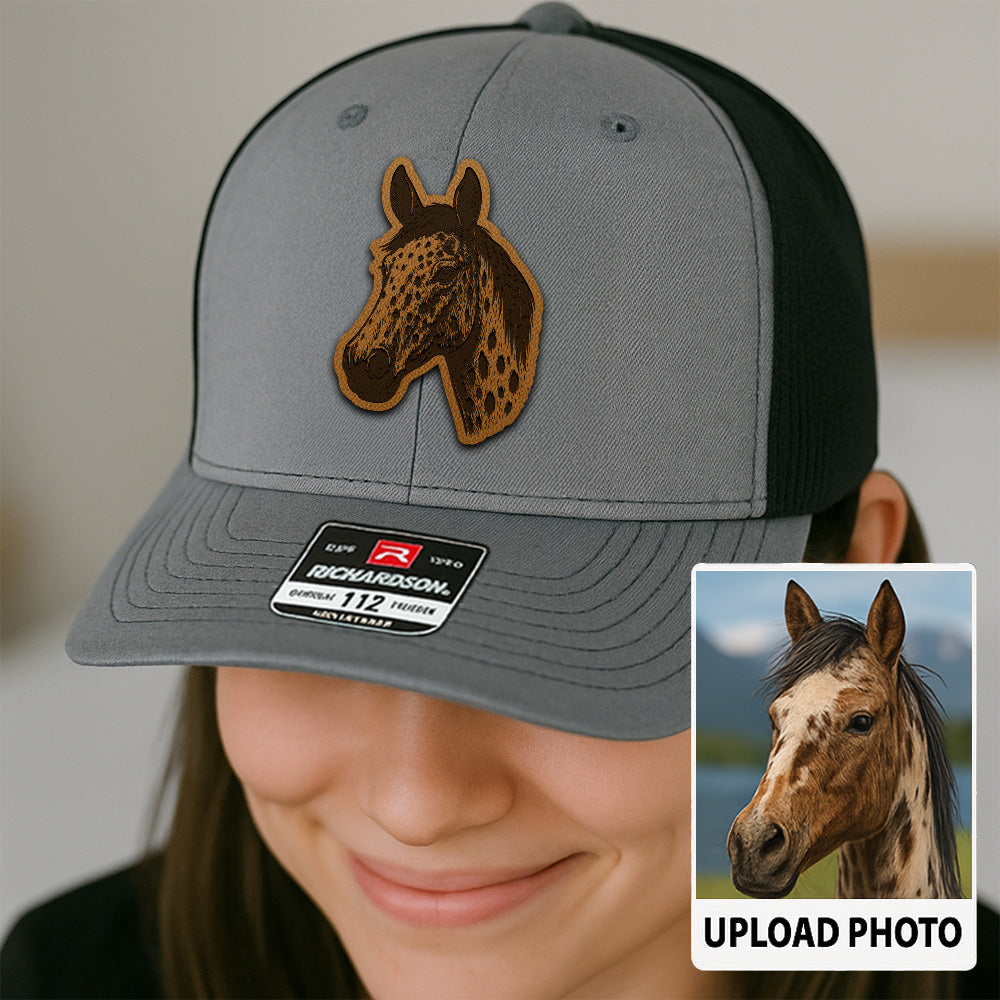 Custom Pet Photo Trucker Hat – Personalized Leather Patch Hat – Horse Portrait Gift – Custom Pet Face Hat P99A23