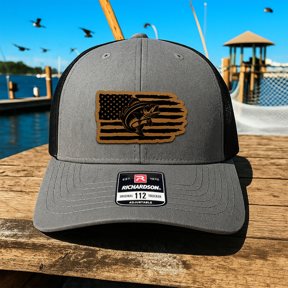 Personalized Fishing Hat with American Flag – Custom Design Leather Patch Cap THUC99MF03