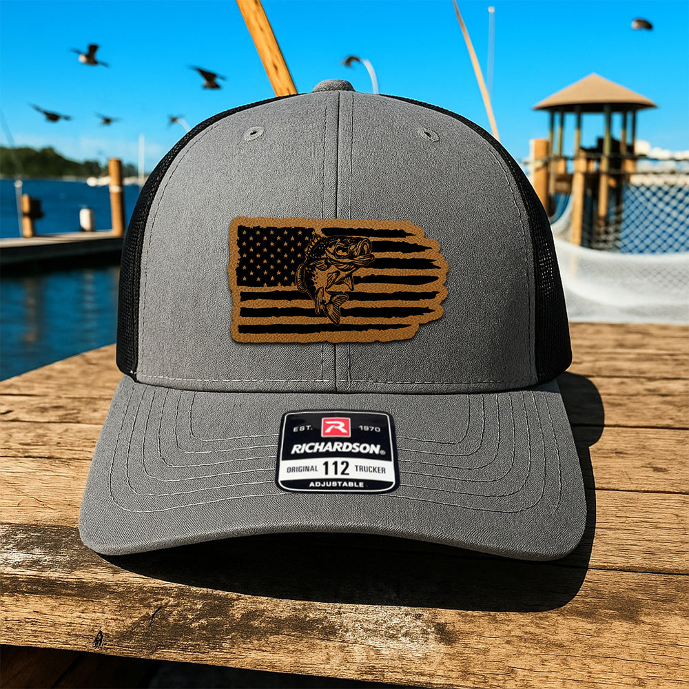 Personalized Fishing Patriotic Trucker Hat – USA Flag and Fish Leather Patch Cap for Him THUC99MF03
