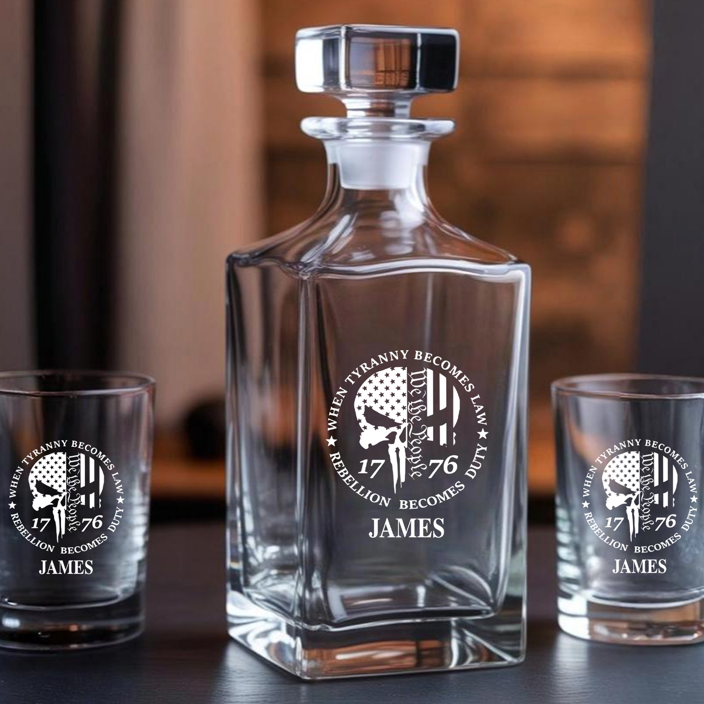 Personalized When Tyranny Becomes Law Rebellion Become Duty Decanter and Glasses Set, Patriotic Gift for Veterans, Gift For Independence Day TND095