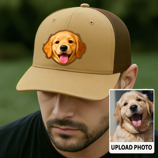 Custom Pet Photo Trucker Hat – Personalized Printed Leather Patch Hat – Dog Dad Gift – Custom Pet Memorial Hat – Pet Photo Printed on Leather Cap TH991