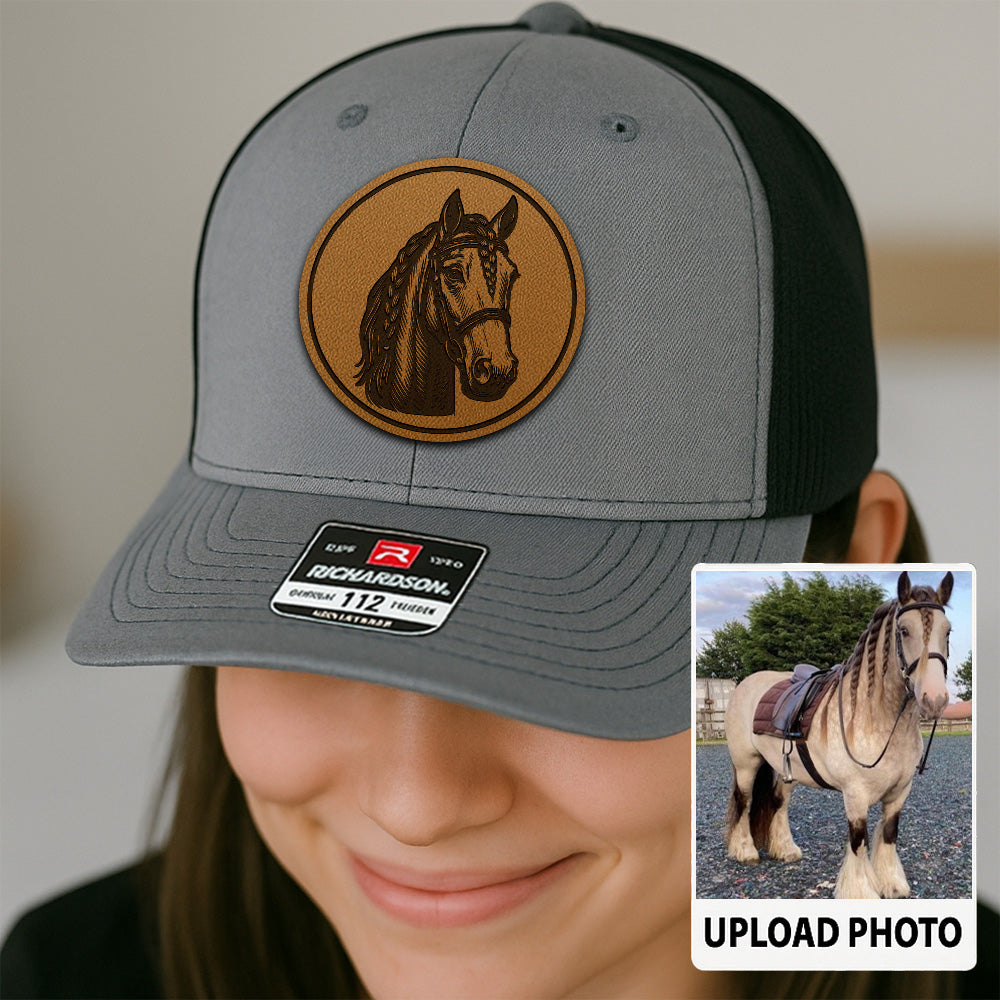 Personalized Horse Photo Leather Patch Hat | Custom Pet Photo Trucker Hat | Horse Leather Patch Hat THUC99