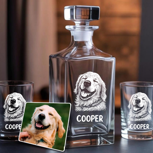 Custom Dog Photo Whiskey Glass And Decanter Set | Personalized Dog Photo Decanter | Gift For Dog Lover | Pet Memorial Gift TNN09