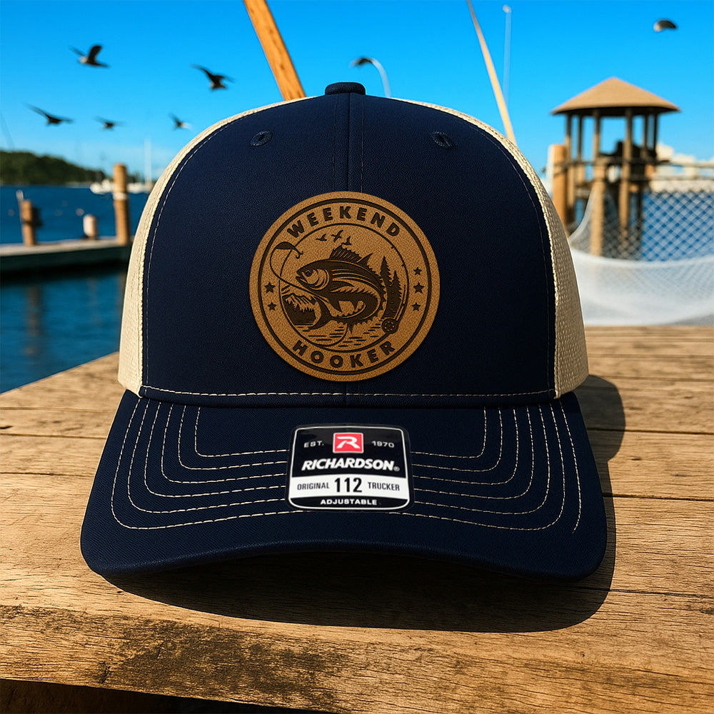 Personalized Fishing Leather Patch Hat – Custom Engraved Trucker Cap– Perfect Gift for Husband, Dad, Fishman THUC99MF028