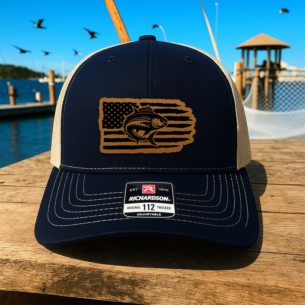 Personalized Fishing American Flag Hat – Custom Trucker with Design Leather Patch THUC99MF03