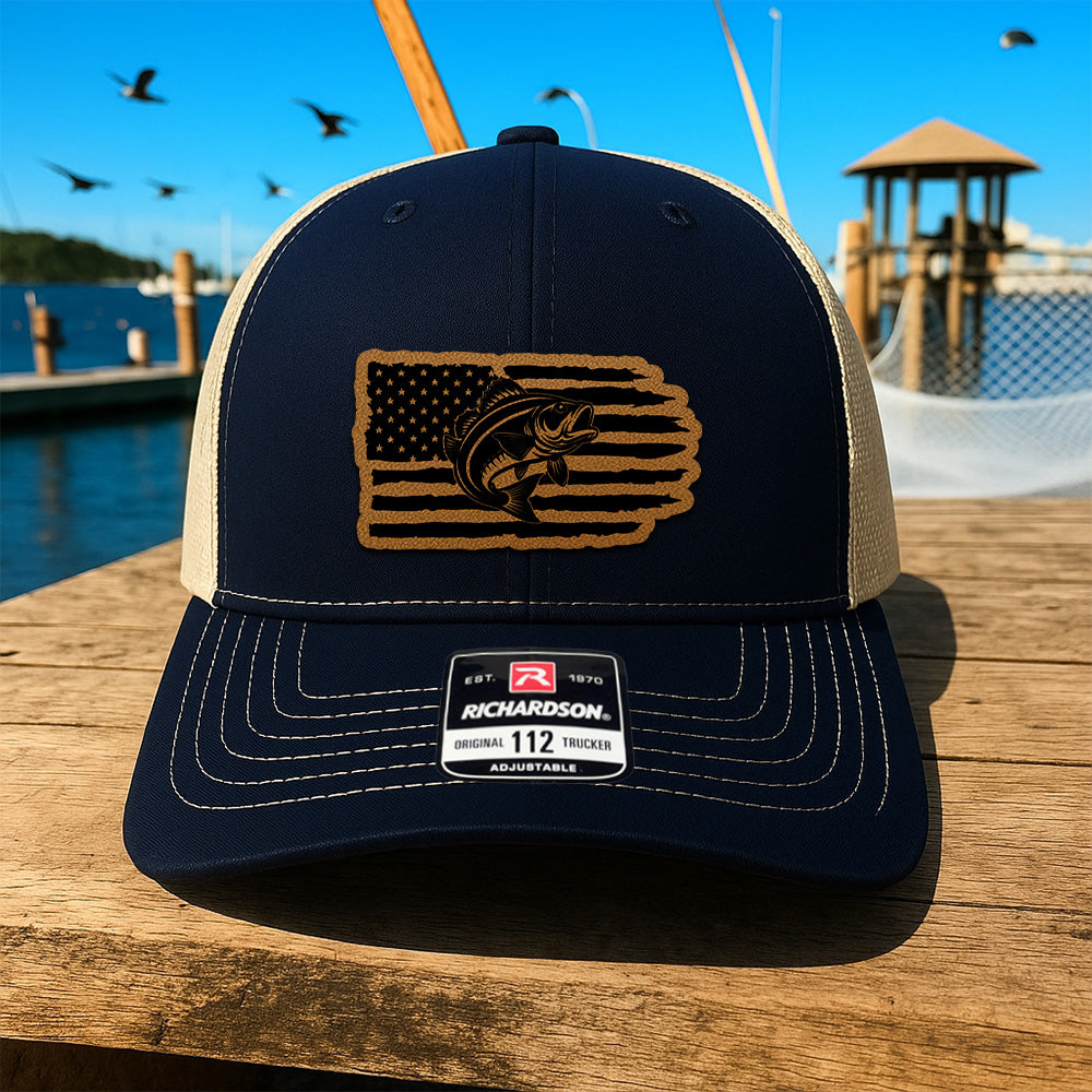 Personalized Fishing Hat with American Flag – Custom Design Leather Patch Cap THUC99MF03