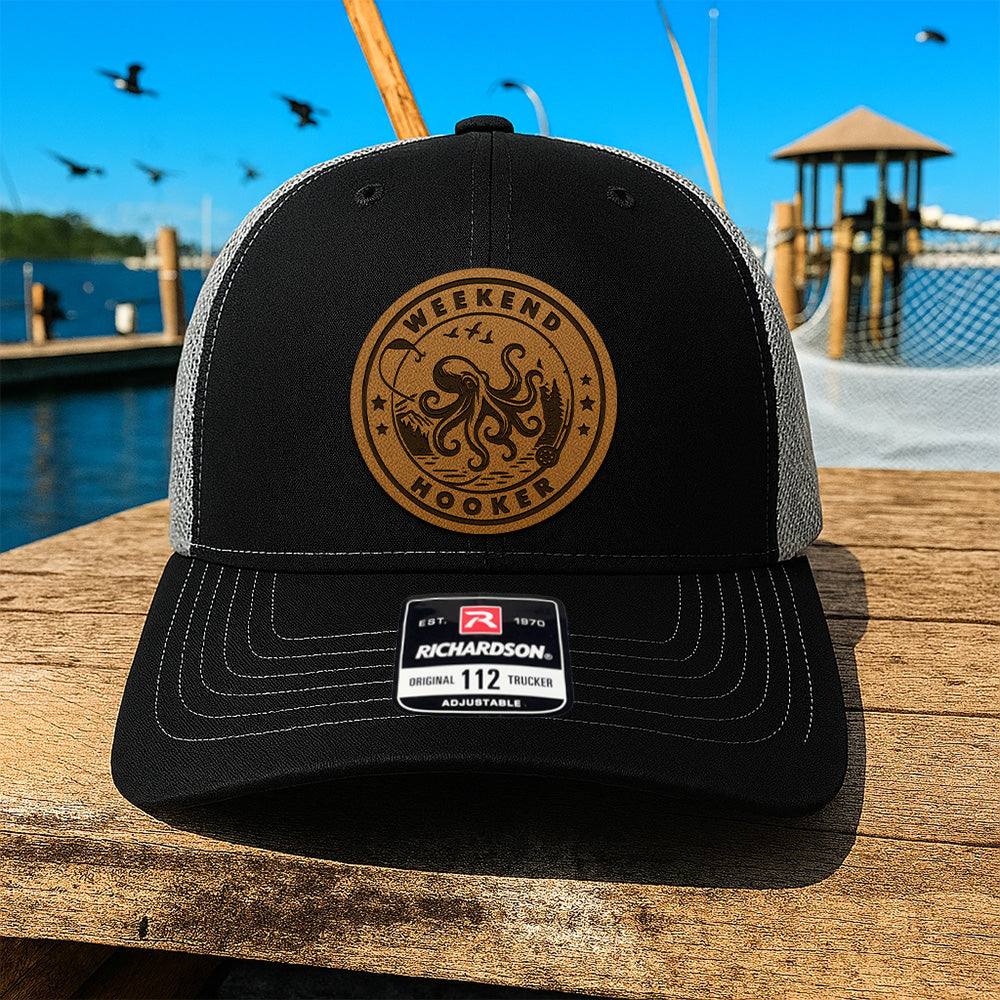 Personalized Fishing Trucker Hat – Custom Leather Patch Hat with Fish Design – Gift for Dad, Husband, or Grandpa THUC99MF02