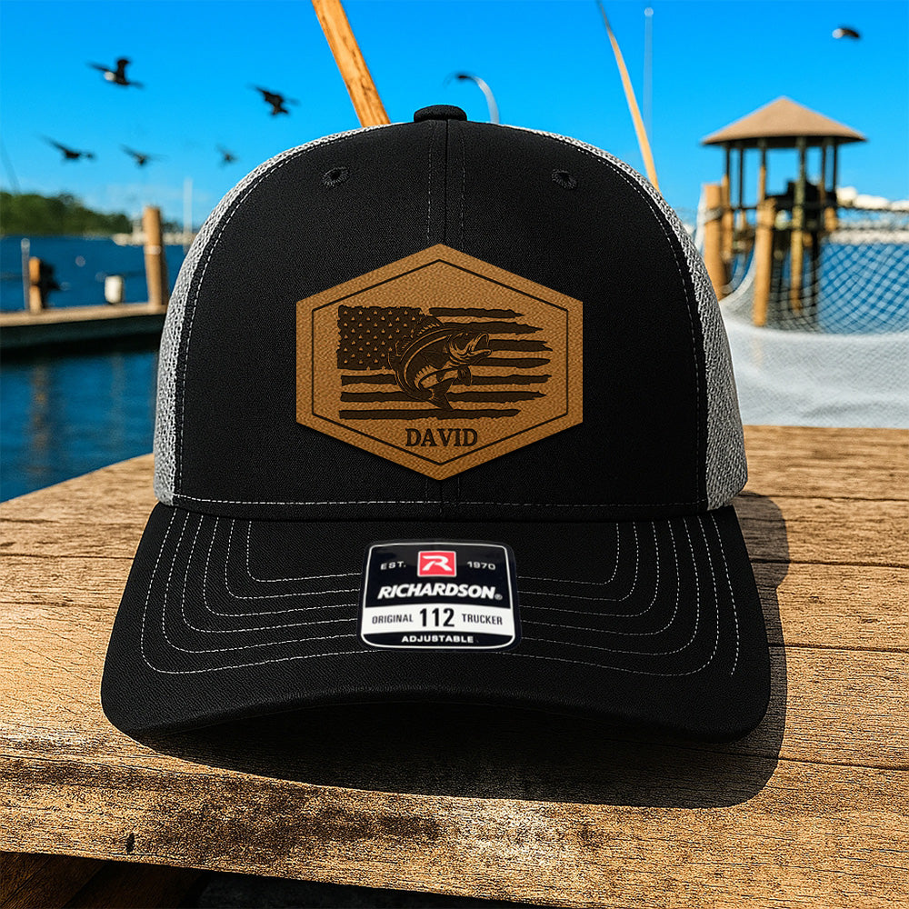 Custom Name Logo Fishing American Flag Hat – Personalized Leather Patch Hat Gift For Fishman THUC99MF03