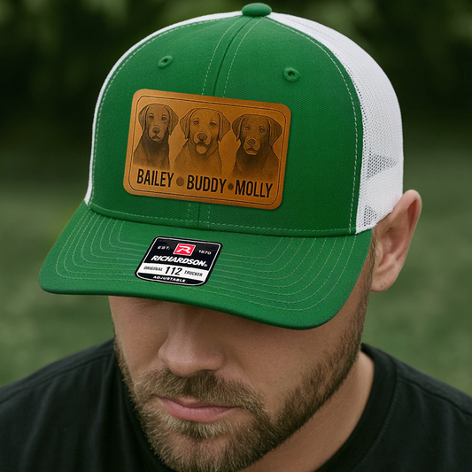 Custom Pet Photo Trucker Hat – Personalized Leather Patch Hat – Dogs Dad Gift – Custom Pet Memorial Hat - Dog Engraved Hat THUC99138