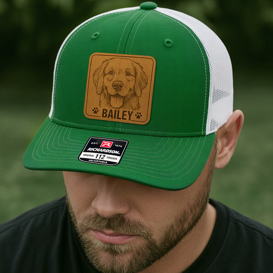 Custom Pet Photo Trucker Hat – Personalized Leather Patch Hat – Dog Portrait Gift – Custom Pet Face Hat NGOC99A8