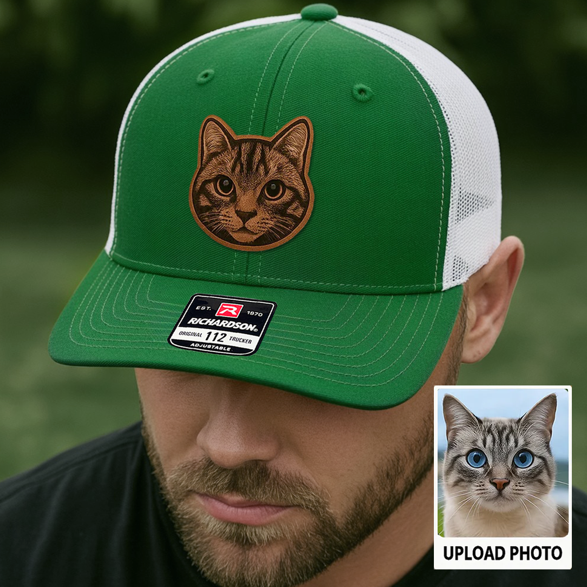 Custom Pet Photo Trucker Hat – Personalized Leather Patch Hat – Cat Dad Gift – Custom Pet Memorial Hat - Cat Gift - Engraved Hat NGOC99A5