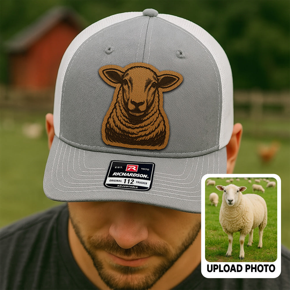 Personalized Sheep Photo Leather Patch Hat | Custom Farm Photo Trucker Hat | Farm Leather Patch Hat THUC99