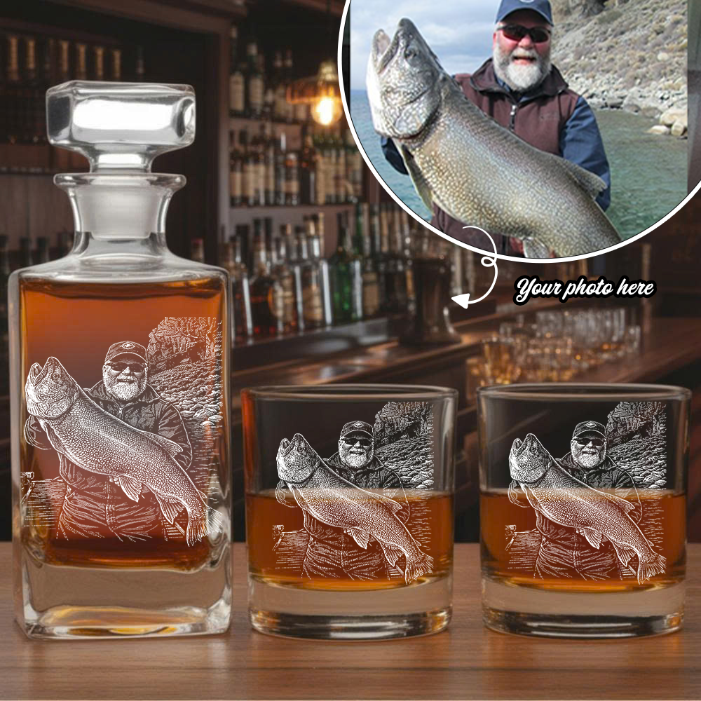 Custom Photo Fishing Whiskey Decanter Set, Engraved Whisket Glass Gift THUC99