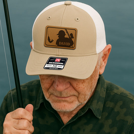 Custom Logo Fishing Leather Patch Hat – Perfect Gift for Fisherman, Dad, or Grandpa THUC99MF01