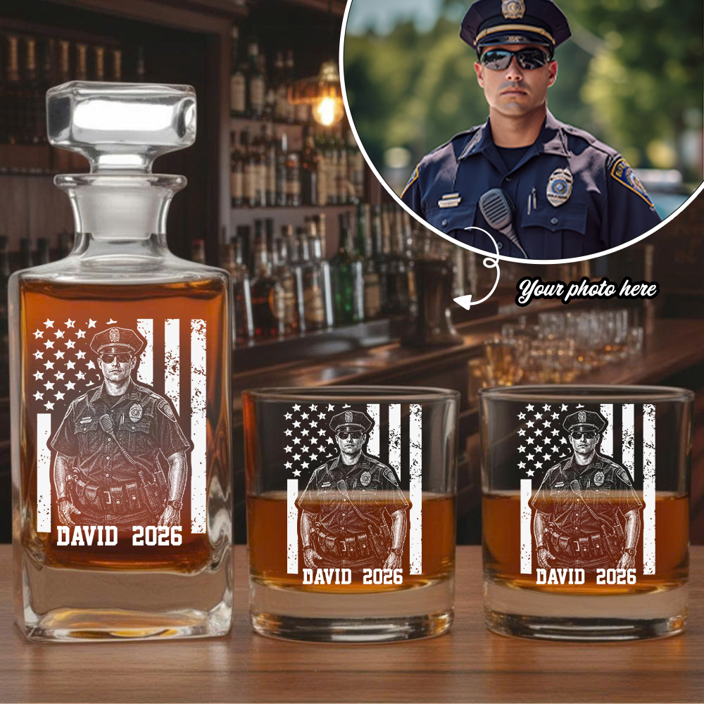 Custom Photo Police Whiskey Decanter Set, Personalized Police Officer America Flag Decanter THUC99